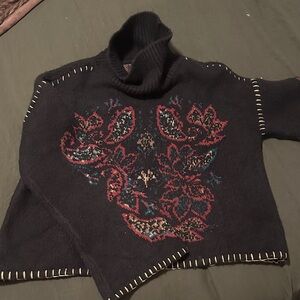 Shyanne Black Turtleneck Sweater with Red & Blue Floral Motif